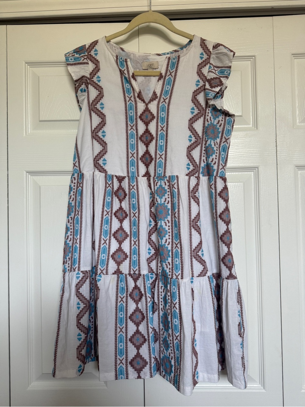 LOFT Outlet White Dress with Turquoise & Brown Accents